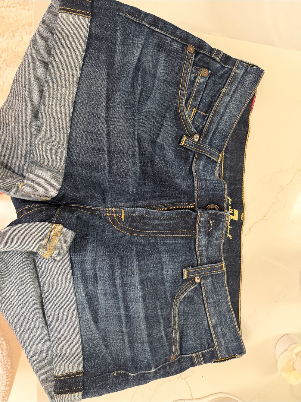 7 For All Mankind Dark Indigo Denim Shorts with Contrast Stitching